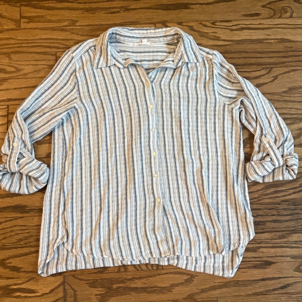 Jane Delancey Blue White Striped Button Down Shirt‎ Roll Tab Sleeve Womens Large